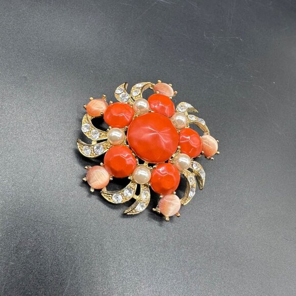 Jewelry - Vintage Brooch Pin Orange Clear Rhinestones Faux Tone Gold Tone Star Burst Swirl